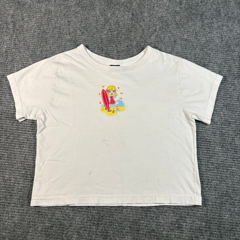 Vtg Xhilaration Graphic Tee Girls XL White Good Surf Angel Baby Tee Crop Top